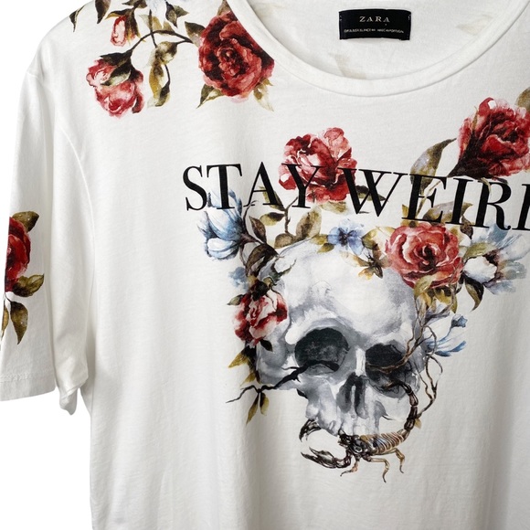 Zara “Stay Weird” Floral Skull Graphic Tee Unisex Oversized XL - Picture 3 of 6